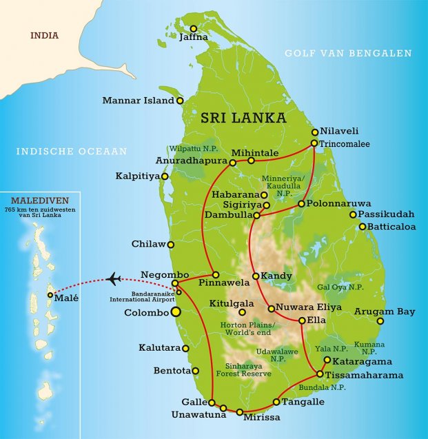 Routekaart Sri Lanka & Malediven Experience 19 dagen